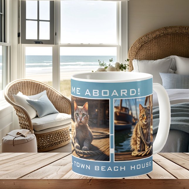 Caneca De Café Foto de Gato da Casa Náutica de Praia (Nautical cat photo mug in elegant blue and white with a wave and sparkle design - beach house)
