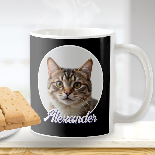 Caneca De Café Foto de Gato e Nome Elegante Preto (A stylish black mug to customize with a photo of your cat and your pet's name in grunge script)