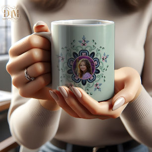 Caneca De Café Foto de Mandala Floral Turquesa Moderna com Rabisc