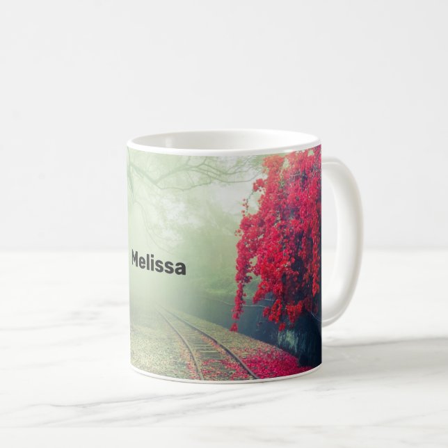 Caneca De Café Foto de Misty Train Tracks & Red Tree (Frente Esquerda)