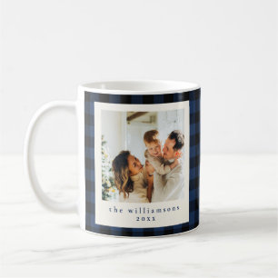 Caneca De Café Foto de Natal da Família em Xadrez Azul-Marinho Pe