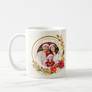 Caneca De Café Foto de Natal - Família com Grinalda Dourada Brilh
