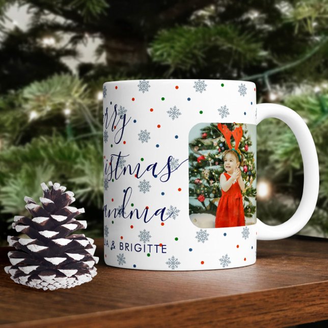 Caneca De Café Foto de Natal Feliz com Flocos de Neve (Christmas photo mug with snowflakes and custom text)