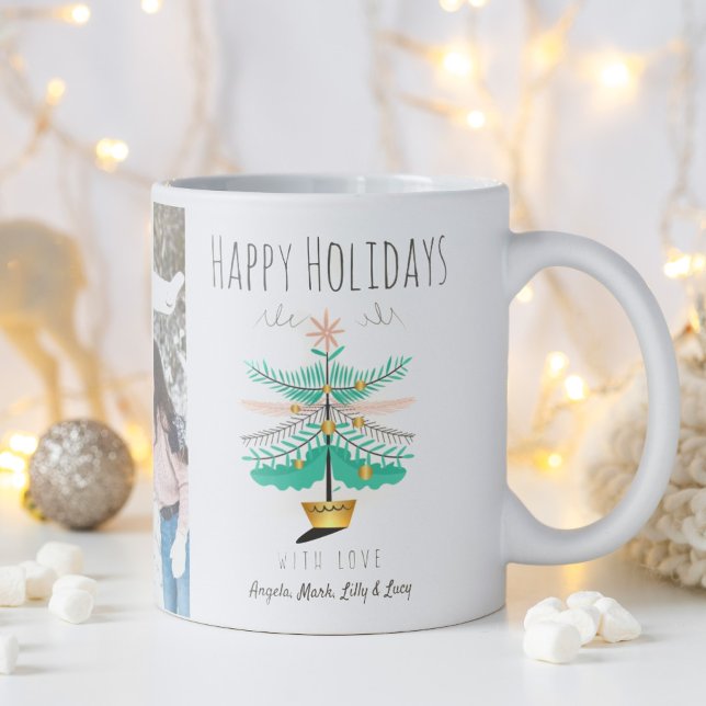 Caneca De Café Foto de Natal Feliz Feriado do Retro Pastel (Cute retro teal pink Christmas tree with Happy Holiday message at the top with who it is from.)