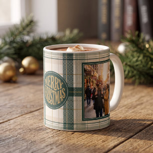 Caneca De Café Foto de Natal Xadrez Verde Vintage
