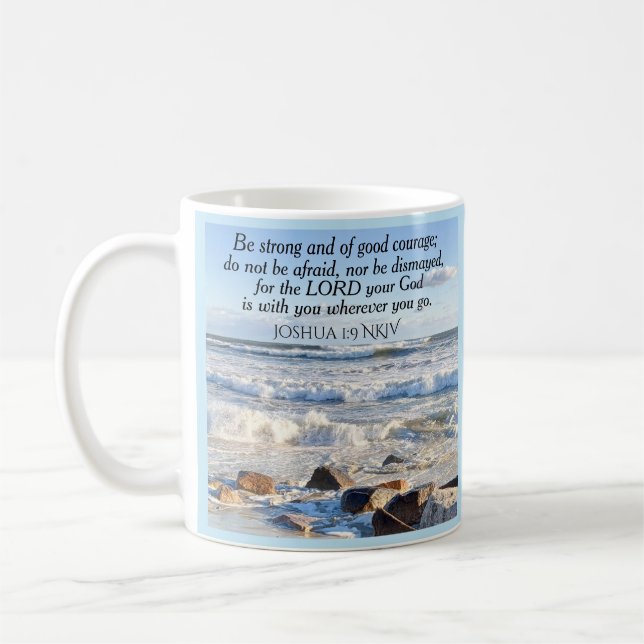 Caneca De Café Foto de Ocean Courage Bíblia Verse Name Blue (Esquerda)