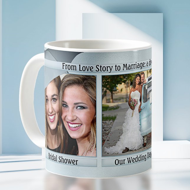 Caneca De Café Foto do Conselho de História de Casamento Azul Dus (Storyboard timeline modern personalized wedding photo mug in dusty blue - wedding gift)
