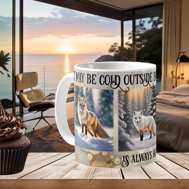 Caneca De Café Foto Dourada e engraçada da Fox da Neve (Photo mug showing paintings of foxes or your own photos framed by a gold snow artistic design)