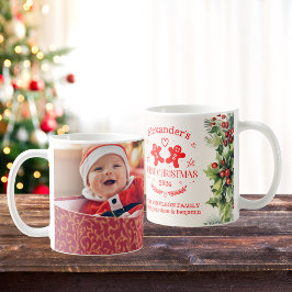 Caneca De Café Foto Elegant Floral Baby's First Christmas