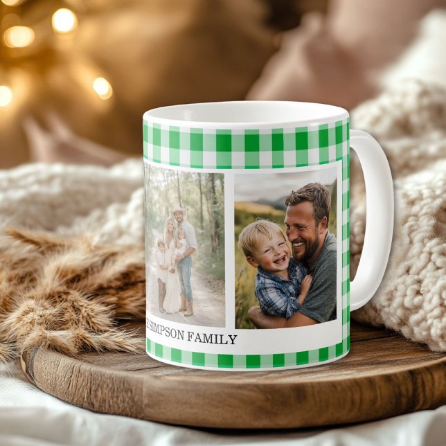 Caneca De Café Foto Green Gingham 3 (Green Gingham 3 Photo Coffee Mug)