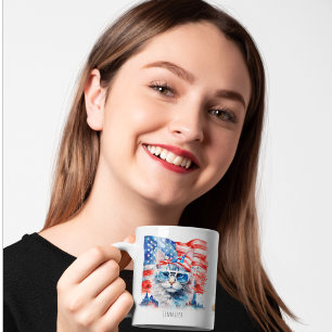 Caneca De Café Foto Patriótica Fofa dos EUA América Gato 4 de Jul