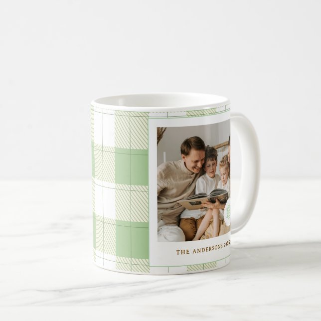 Caneca De Café Foto Personalizada da Xadrez Gingham Verde e Bonit (Frente Esquerda)