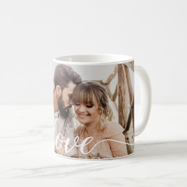 Caneca De Café Foto personalizada de casamento com script de amor (Frente Esquerda)