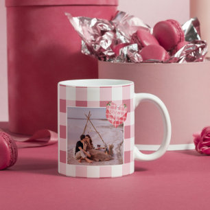 Caneca De Café Foto Personalizada de Gingham, Coração Rosa, Bonit