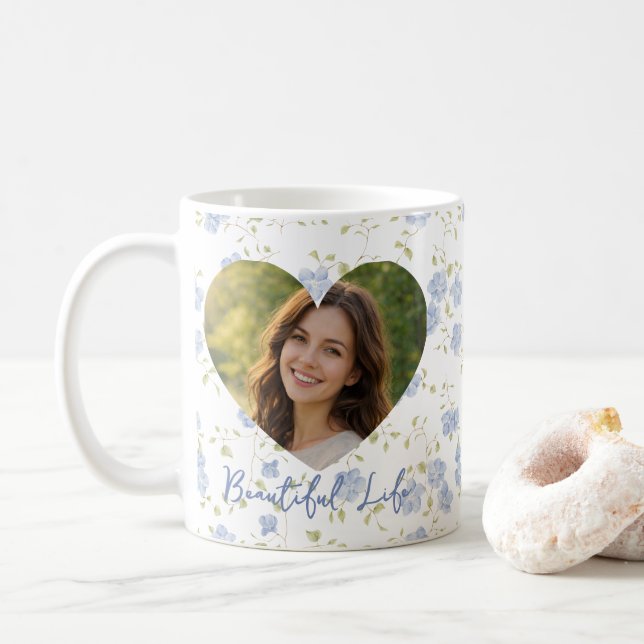Caneca De Café Foto Personalizada – Design de Coração Floral, Pas (Com Donut)