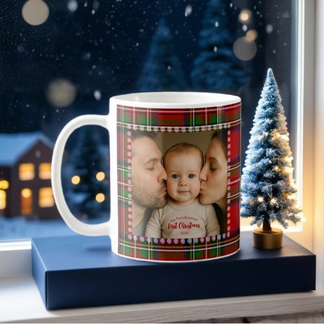 Caneca De Café Foto Personalizada do Primeiro Natal em Xadrez (Criador carregado)