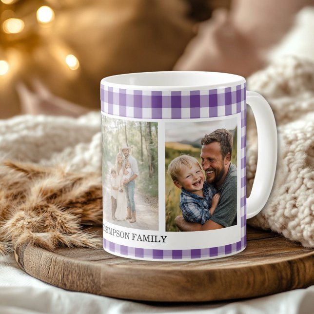 Caneca De Café Foto Roxo Gingham 3 (Purple Gingham 3 Photo Coffee Mug)