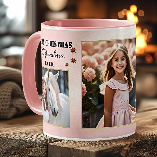 Caneca De Café Fotografias Personalizadas Melhor Avó De Natal Ros (Christmas mug featuring custom photos on pink with festive red and gold stars - gift for grandma)