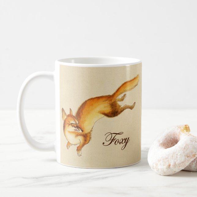 Caneca De Café "Foxy" - Esboço japonês venenoso de uma raposa (Com Donut)