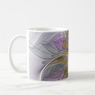 Caneca De Café Fractal Abstrato Colorida Floral, Rosa E Dourada
