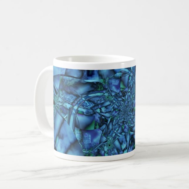 Caneca De Café Fractal com Cinzas Azuis e Formas Geométricas Verd (Frente Esquerda)