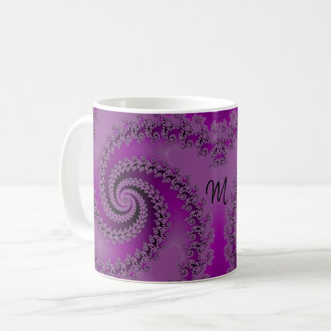 Caneca De Café Fractal espiral duplo roxo Rico com monograma (Frente Esquerda)