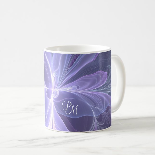 Caneca De Café Fractal Moderno de Abstrato Roxo Monograma (Frente Esquerda)
