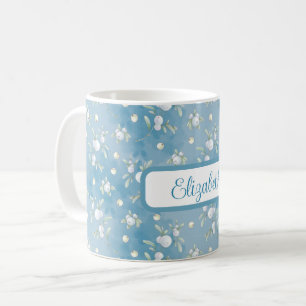 Caneca De Café Framboesas brancas bonito, Folhas verdes em azul
