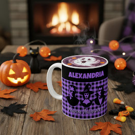 Caneca De Café Frankenstein Bruxa Vampiro Xadrez Roxo de Hallowee
