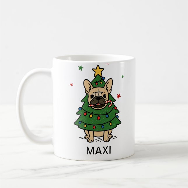 Caneca De Café French Bulldog Christmas Tree Custom Name (Esquerda)
