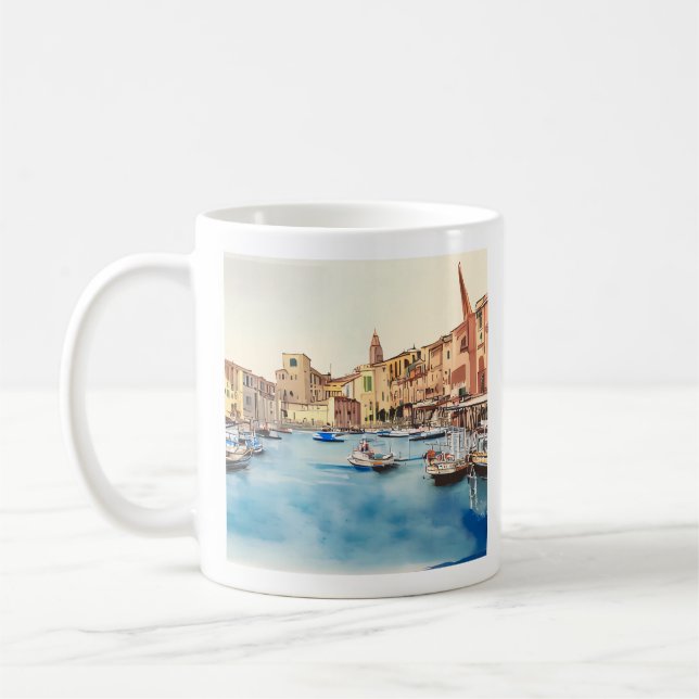Caneca De Café Frente De Água E Barcos No Porto, Italiano (Esquerda)