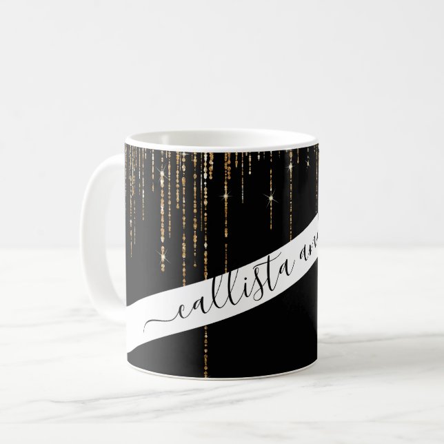 Caneca De Café Frente Glitter Preto-Dourado Espelho Preto-Luxo (Frente Esquerda)