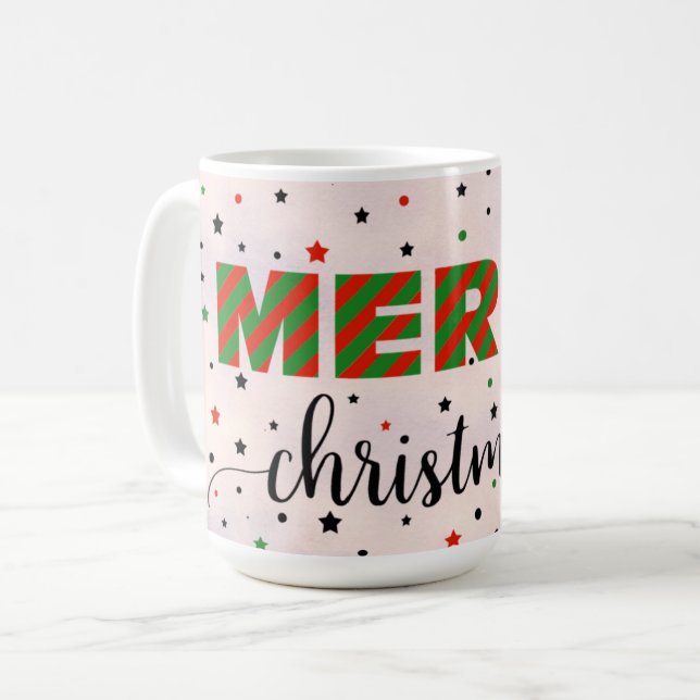 Caneca De Café Fronteira de Estrelas de Natal Feliz Vermelho Verd (Frente Esquerda)