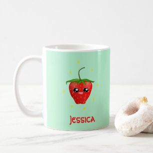 Caneca De Café Fruta de morango monograma kawaii em turquesa
