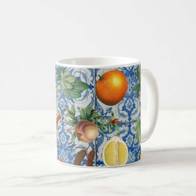 Caneca De Café Fruta de Verão do Mediterrâneo e Mosaico Branco Az (Frente Esquerda)