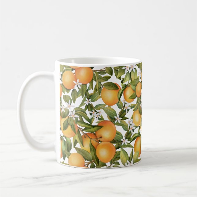 Caneca De Café Fruta Laranja de Aquarela e Flor Laranja (Esquerda)