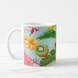 Caneca De Café Frutas tropicais, flores: fundo vintage.