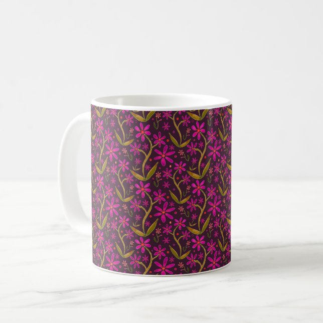 Caneca De Café Fuchsia | Margaridas Dançantes Aquarela (Frente Esquerda)