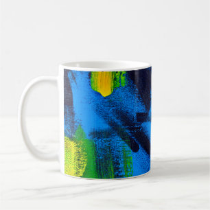 Caneca De Café fundo abstrato. Preto acrílico, amarelo, azul,