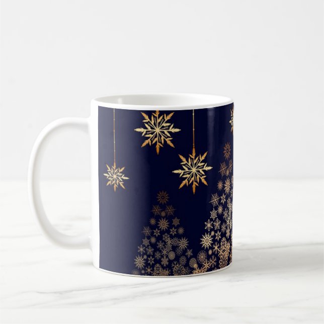 Caneca De Café Fundo Azul com Árvore de Natal Ouro (Esquerda)