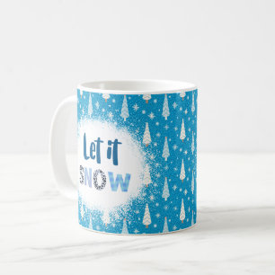 Caneca De Café Fundo Azul Com Árvores e 'Deixe Nevar'