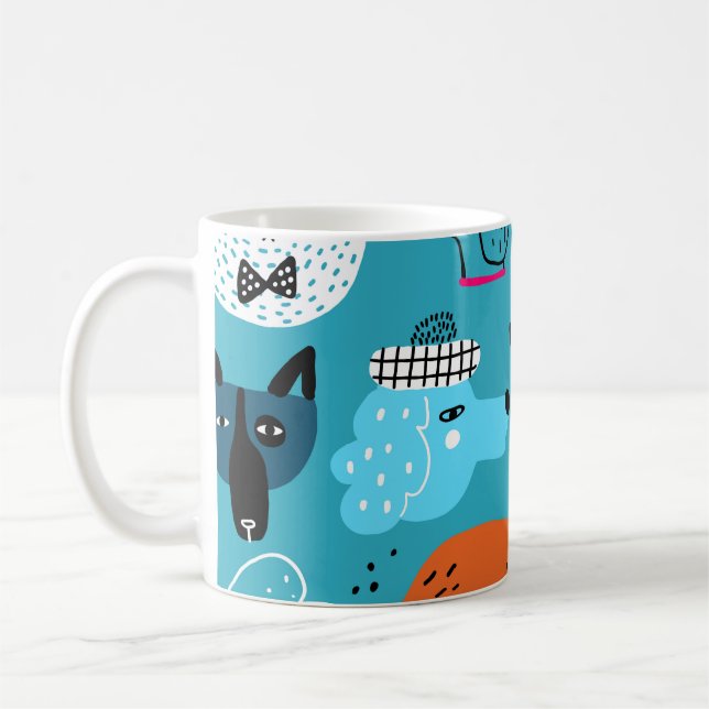 Caneca De Café Fundo Azul, Padrão De Cachorro Reproduzível. (Esquerda)