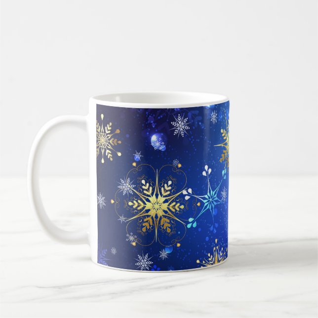 Caneca De Café Fundo Azul XMAS com Flocos de Neve Ouro (Esquerda)