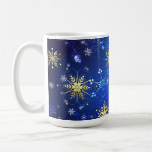 Caneca De Café Fundo Azul XMAS com Flocos de Neve Ouro
