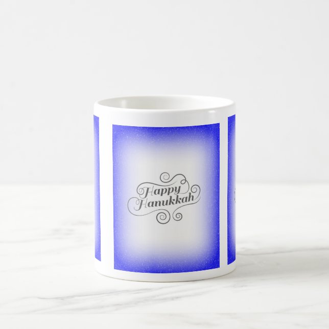Caneca De Café Fundo Branco Azul de 2 tons Feliz Hanukkah (Centro)