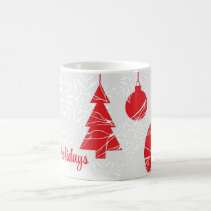 Caneca De Café Fundo Branco com Flocos de Neve e Bolas Vermelhas