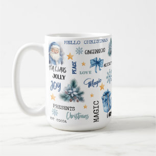Caneca De Café Fundo Branco com Papai Noel Azul e Presentes