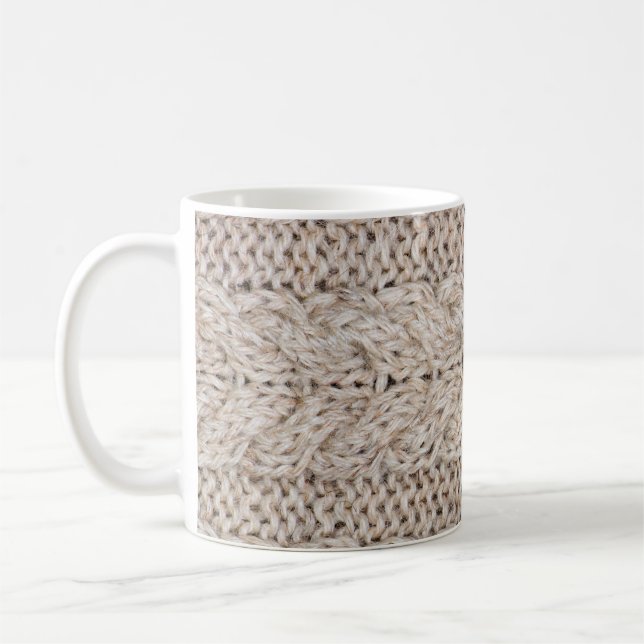 Caneca De Café Fundo de textura de lã de tricô branco. (Esquerda)