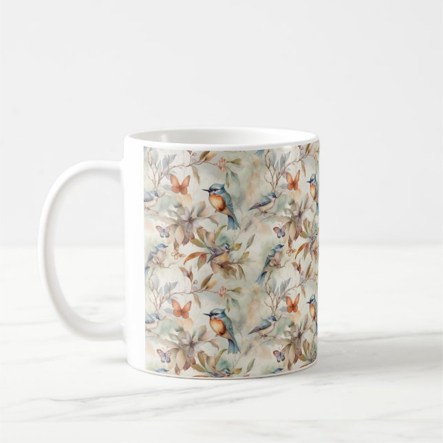 Caneca De Café fundo floral com aves e borboletas Mug (Esquerda)