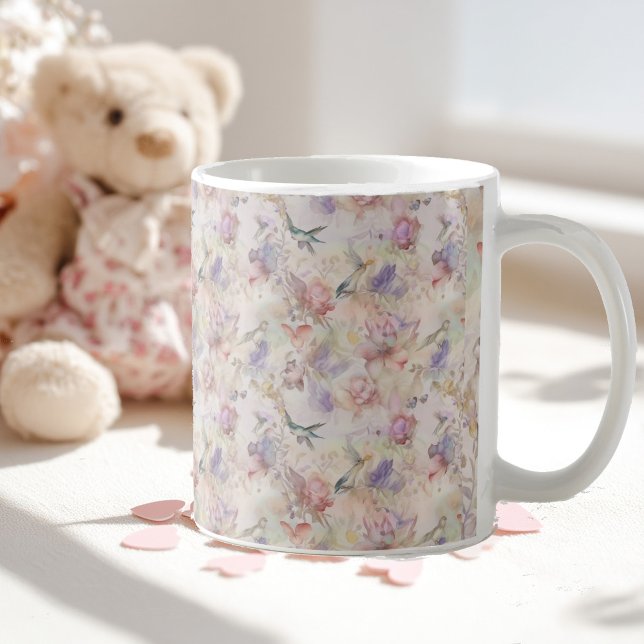 Caneca De Café fundo floral com pássaros e borboletas (Criador carregado)